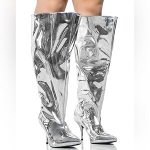 AZALEA WANG Silver Metallic Vegan Leather Knee High Boot